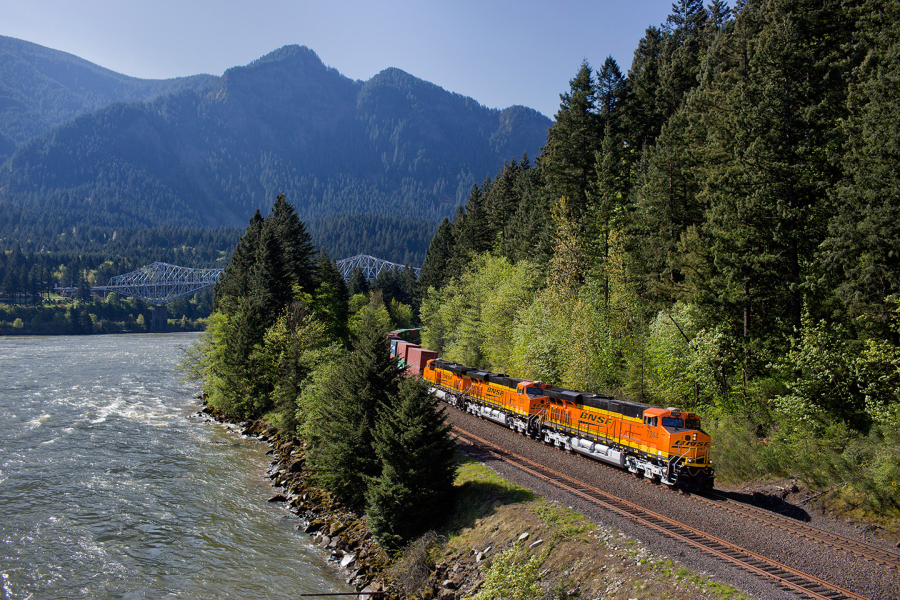 A BNSF Railway freight train rolls through the Columbia River Gorge.