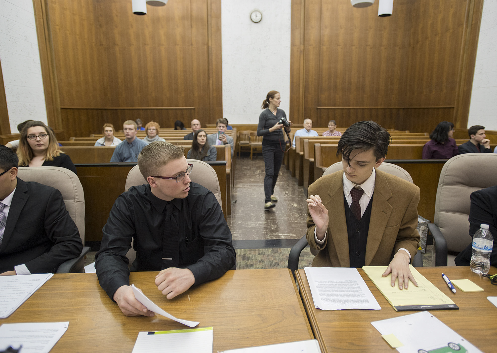 Defense attorney Nathanael Vansoest, left, a student at Cascadia Technical Academy, gears up for the mock trial with plaintiff attorney Keegan Dittmer of Columbia River High School on Thursday at the Clark County Courthouse.