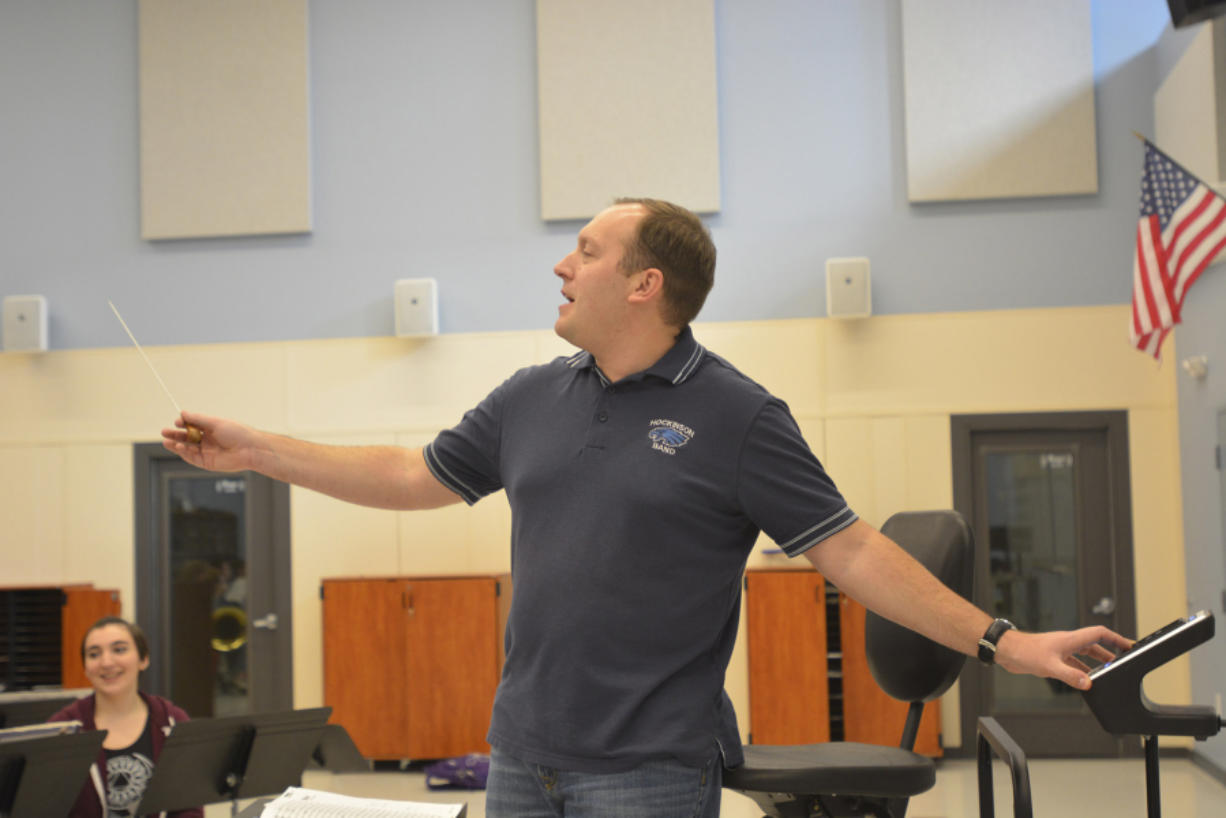 Hockinson High School Band Director Corey McEnry leads rehearsal in the new high-tech band room, which features soundproof practice rooms, a new sound system and enough lockers for all musicians to lock up their instruments. In the past, the band practiced in a classroom or the auditorium.