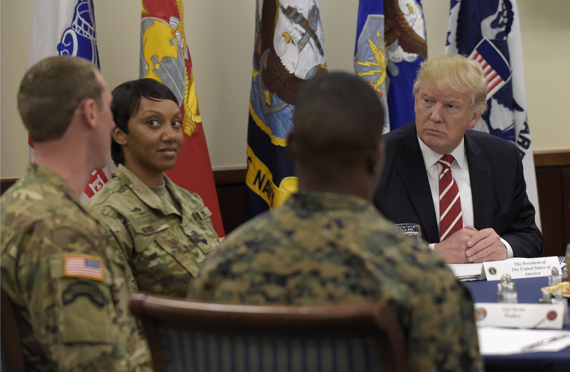 President Donald Trump has lunch with troops while visiting U.S. Central Command and U.S. Special Operations Command at MacDill Air Force Base, Fla., Monday, Feb. 6, 2017. Trump, who spent the weekend at Mar-a-Lago, stopped for a visit to the headquarters before returning to Washington.