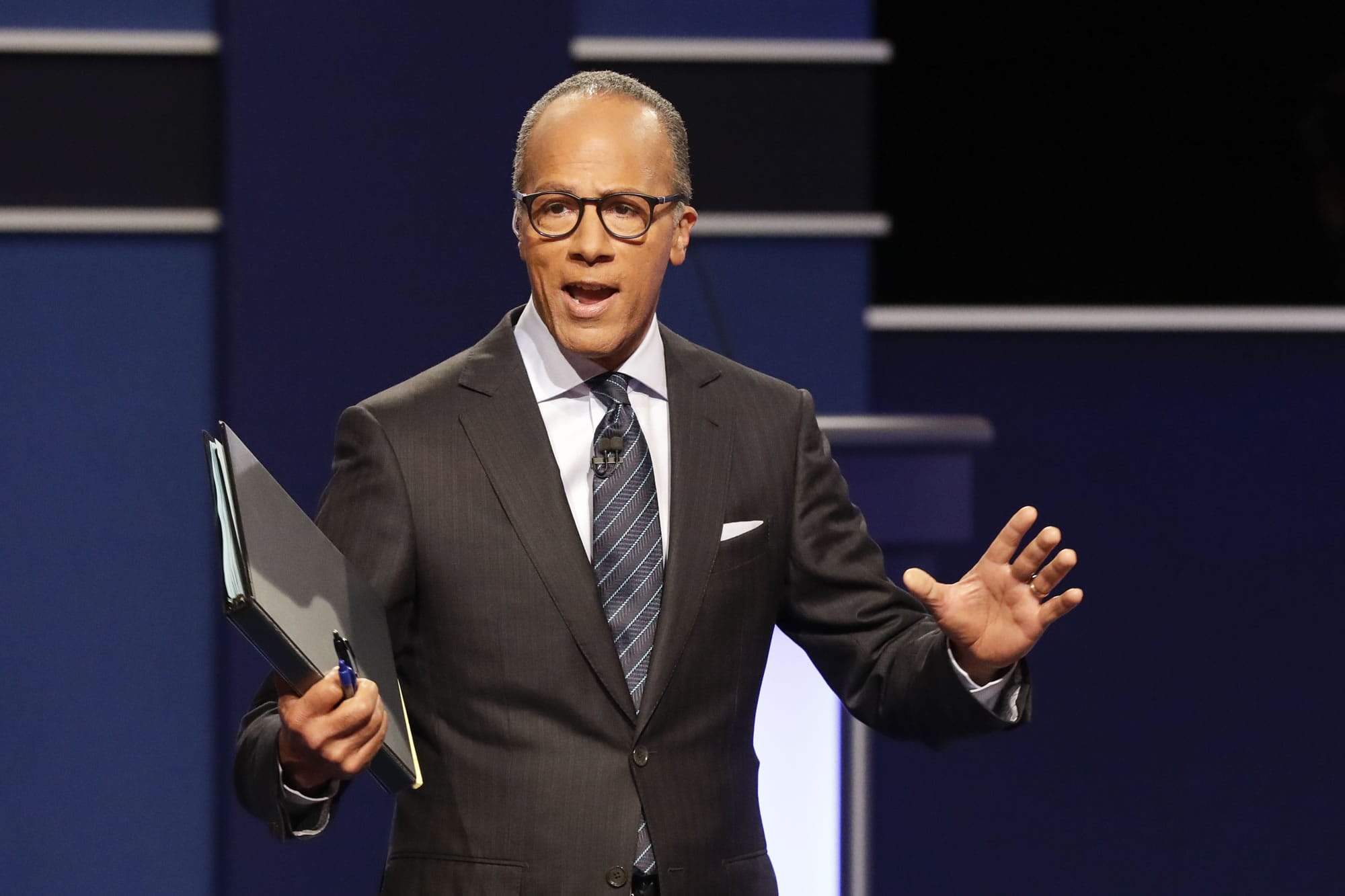 FILE - In this Sept. 26, 2016, file photo, moderator Lester Holt, anchor of NBC Nightly News, talks with audience before the presidential debate at Hofstra University in Hempstead, N.Y. On Feb. 21, 2017, Holt met a 7-year-old boy who mentioned him to a local news reporter in Portland, Oregon.