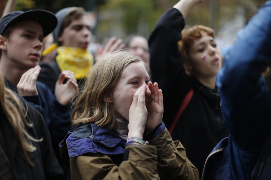 Portland Public School students walk out of schools Nov. 14 and converge on Pioneer Courthouse Square for a protest against the results of the Nov. 8 presidential election.