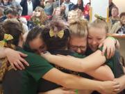 Evergreen High bowlers celebrate winning the 3A state championship on Saturday, Feb. 4, 2017 at Narrows Plaza Lanes in University Place.