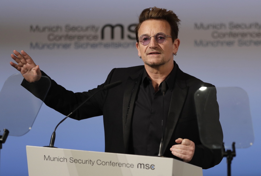 Irish singer Bono delivers a speech Friday during the Munich Security Conference in Munich, Germany. The annual weekend gathering is known for providing an open and informal platform to meet in close quarters.