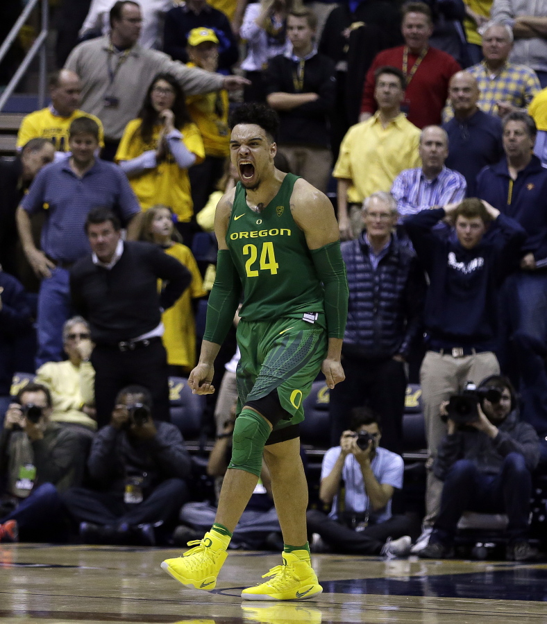 Oregon&#039;s Dillon Brooks (24) celebrates after making the game winning shot against California on Wednesday.