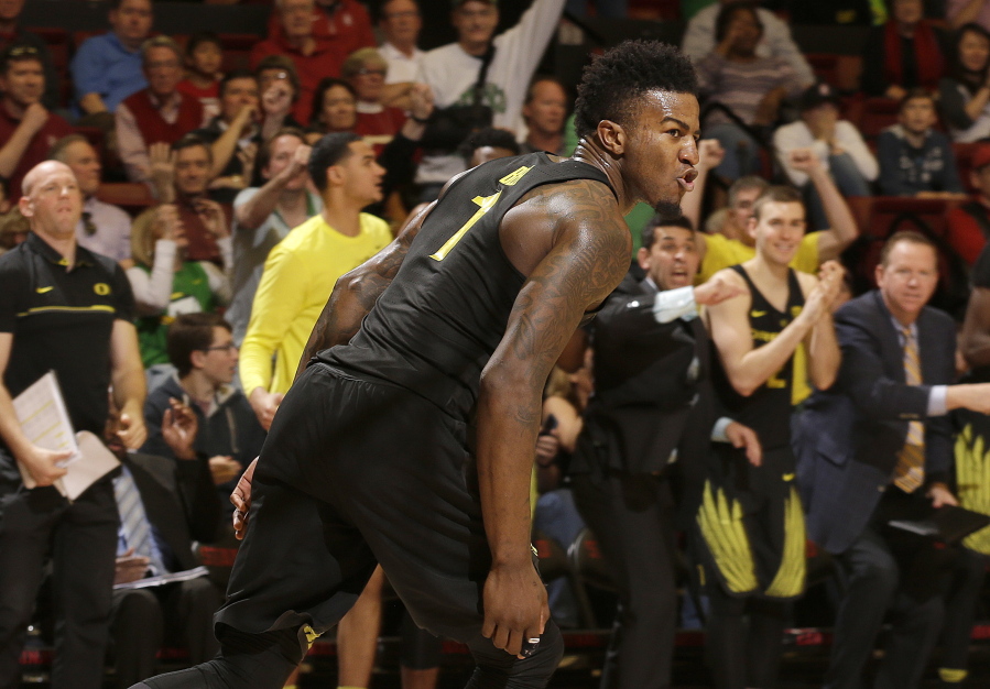 Oregon forward Jordan Bell reacts after scoring against Stanford during the second half of an NCAA college basketball game in Stanford, Calif., Saturday, Feb. 25, 2017. Oregon won 75-73.