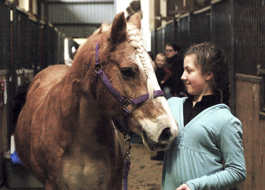 Isabel Carroll learns the ropes of horsemanship with a 17-year-old pony named Patty as part of the Hilander Pony Club at the Cowlitz County Expo Center in Longview on Feb. 18.