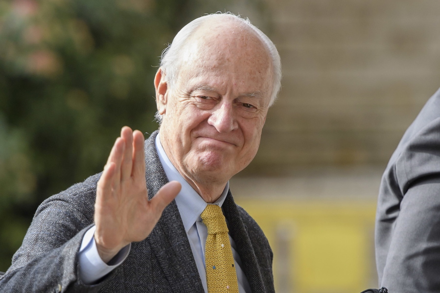 UN Special Envoy for Syria Staffan de Mistura waves as he arrives for Syria peace talks with Syria&#039;s main opposition High Negotiations Committee, HNC, at the European headquarters of the United Nations in Geneva, Switzerland, Sunday, Feb. 26, 2017.
