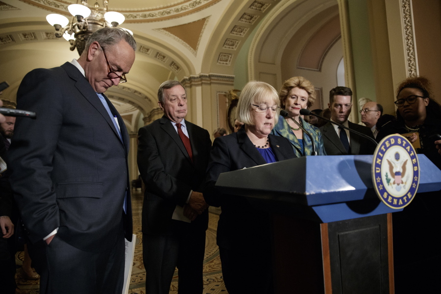 From left, Senate Minority Leader Chuck Schumer, D-N.Y., Sen. Dick Durbin, D-Ill., Sen. Patty Murray, D-Wash., and Sen. Debbie Stabenow, D-Mich., meet with reporters on Capitol Hill before President Donald Trump&#039;s speech to the nation, in Washington, Tuesday, Feb. 28, 2017. (AP Photo/J.