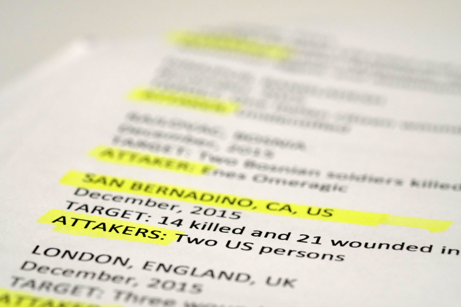Misspelled words are highlighted in this photograph made in Washington, Feb. 15, of a Feb. 6 White House press release on terror attacks. Time to make spellcheck great again. The mangled spellings that were a staple of Trump&#039; presidential campaign are flourishing in the White House.(AP Photo/J.