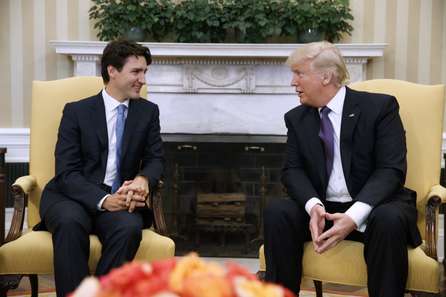 President Donald Trump meets with Canadian Prime Minister Justin Trudeau in the Oval Office of the White House in Washington on Monday.