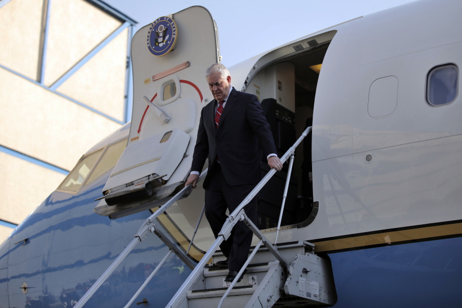 U.S. Secretary of State Rex Tillerson arrives Wednesday at Benito Juarez international Airport in Mexico City.