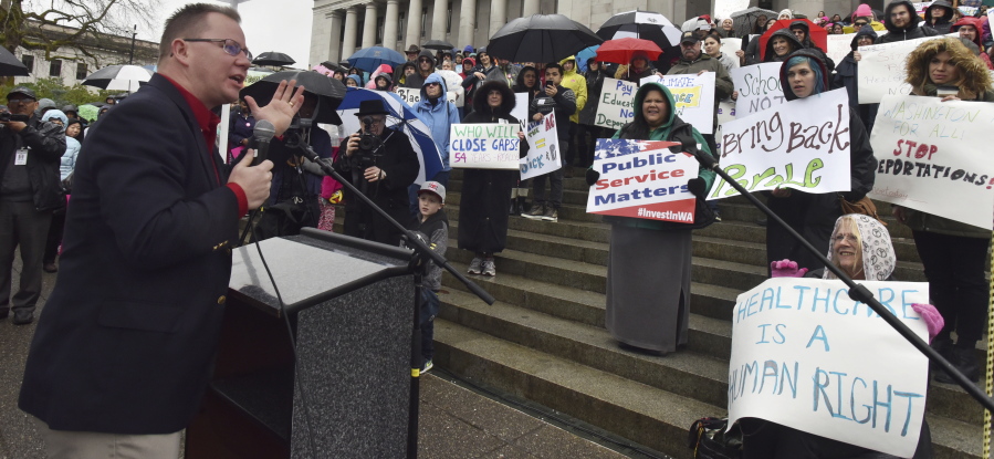 Washington Superintendent of Public Instruction Chris Reykdal speaks Monday during an education rally in Olympia.