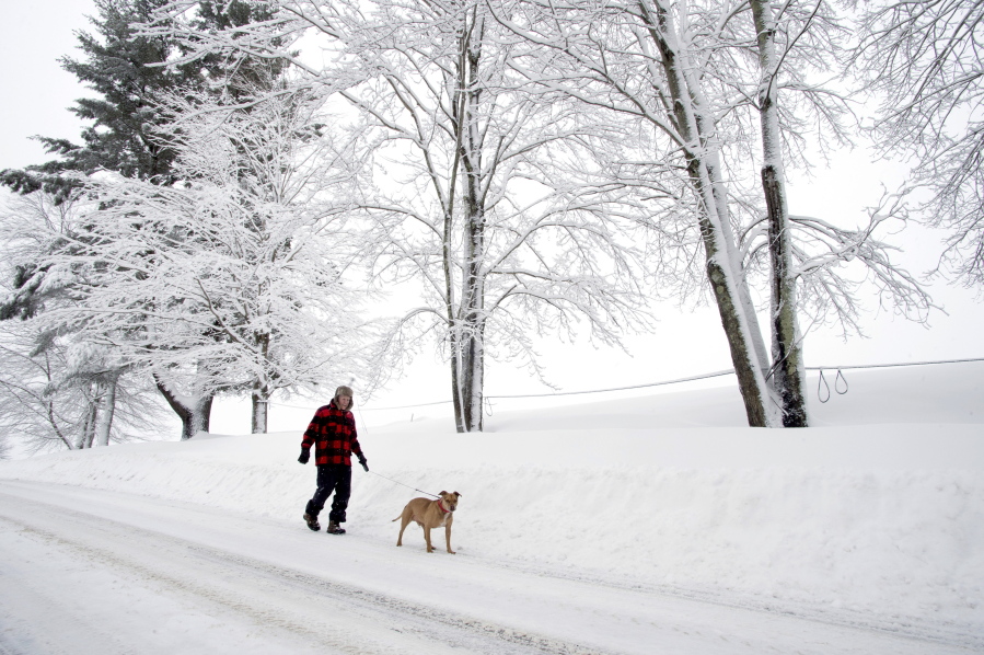 Richard Tardif and his dog, Diesel, take a walk on a snow-covered road Thursday in Sabattus, Maine.