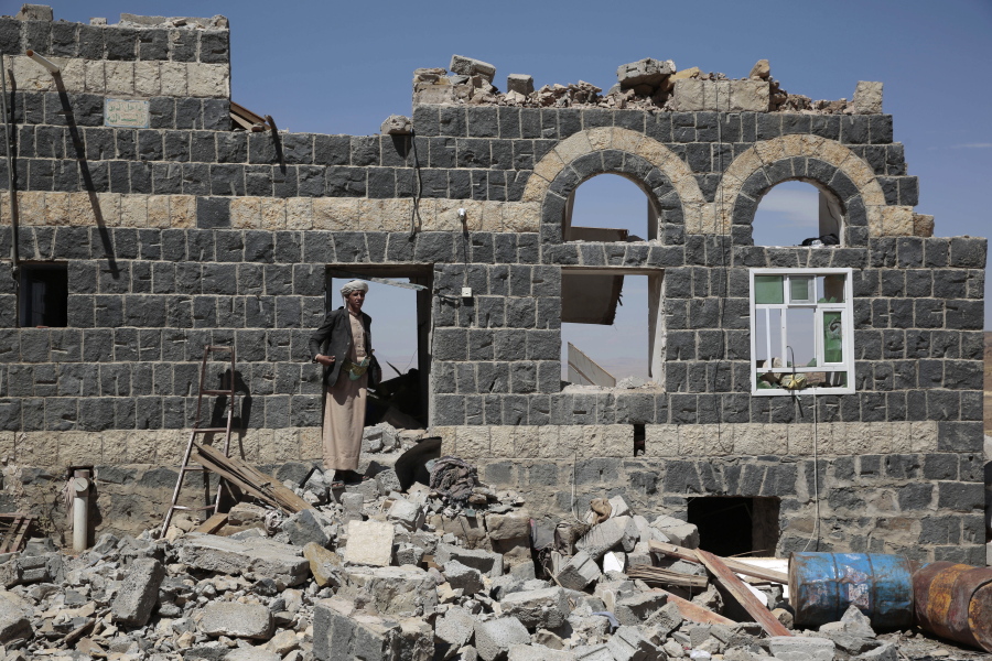 A man stands on the rubble of a house destroyed by a Saudi-led airstrike in the outskirts of Sanaa, Yemen, Thursday, Feb. 16, 2017. At least one Saudi-led airstrike near Yemen&#039;s rebel-held capital killed at least five people on Wednesday, the country&#039;s Houthi rebels and medical officials said.