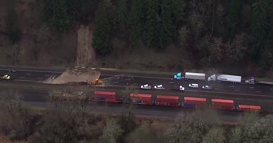An aerial view from a KATU-TV helicopter shows the landslide that blocked all northbound lanes of Interstate 5 north of Woodland late Thursday afternoon.