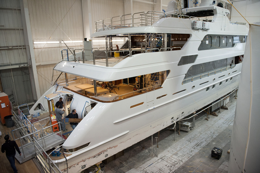 A luxury yacht under construction at Christensen Shipyards in 2016.