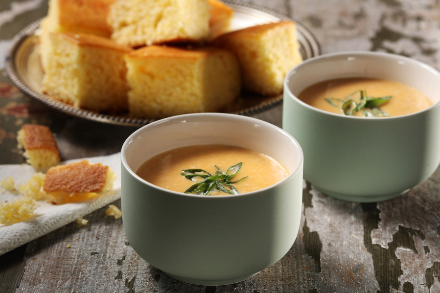Sweet potatoes and leeks are backed up by milk, cayenne and plenty of butter in a silky smooth bisque.