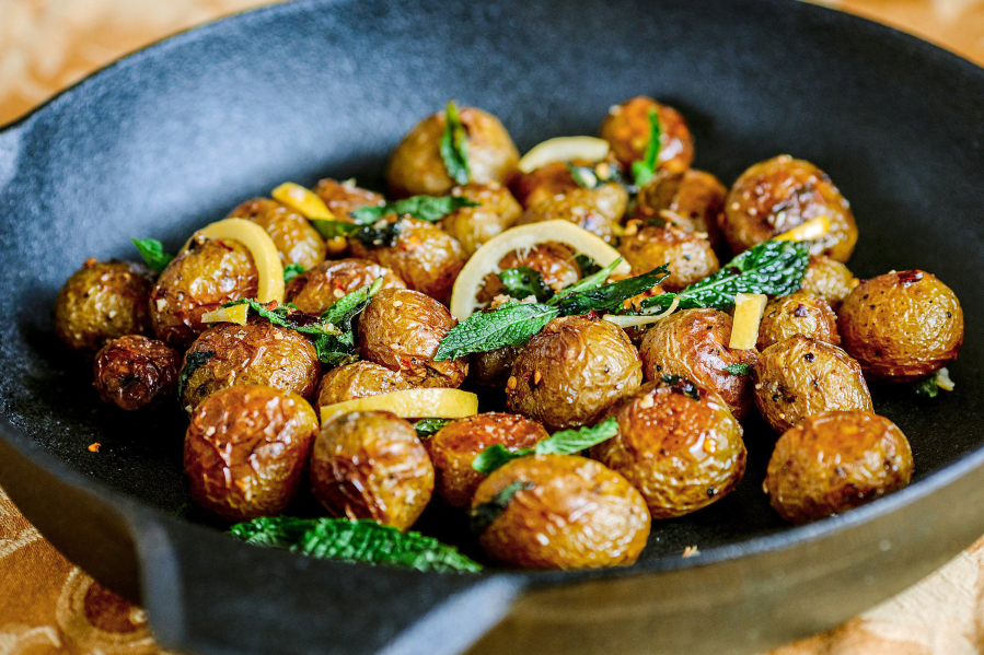 Roasted white potatoes with mint and preserved lemon.