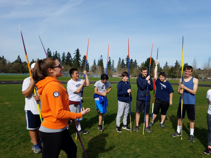 Three-time Olympian Kara Winger shares tips with javelin throwers at her alma mater, Skyview High School.