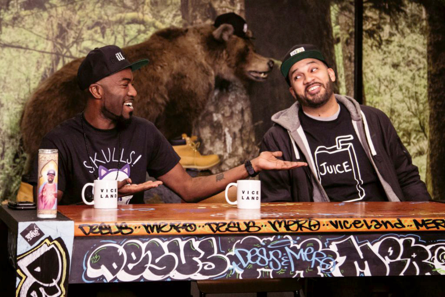 Desus Nice and The Kid Mero talk on the set of their eponymous Viceland show, &quot;Desus &amp; Mero.&quot; (Viceland)