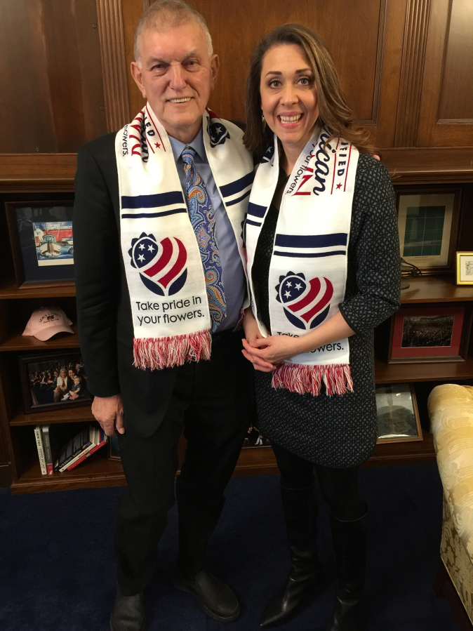 Woodland: Holland America Flower Gardens owner Benno Dobbe, left, presented U.S. Rep. Jaime Herrera Beutler, R-Camas, with a scarf during his visit to Washington D.C.