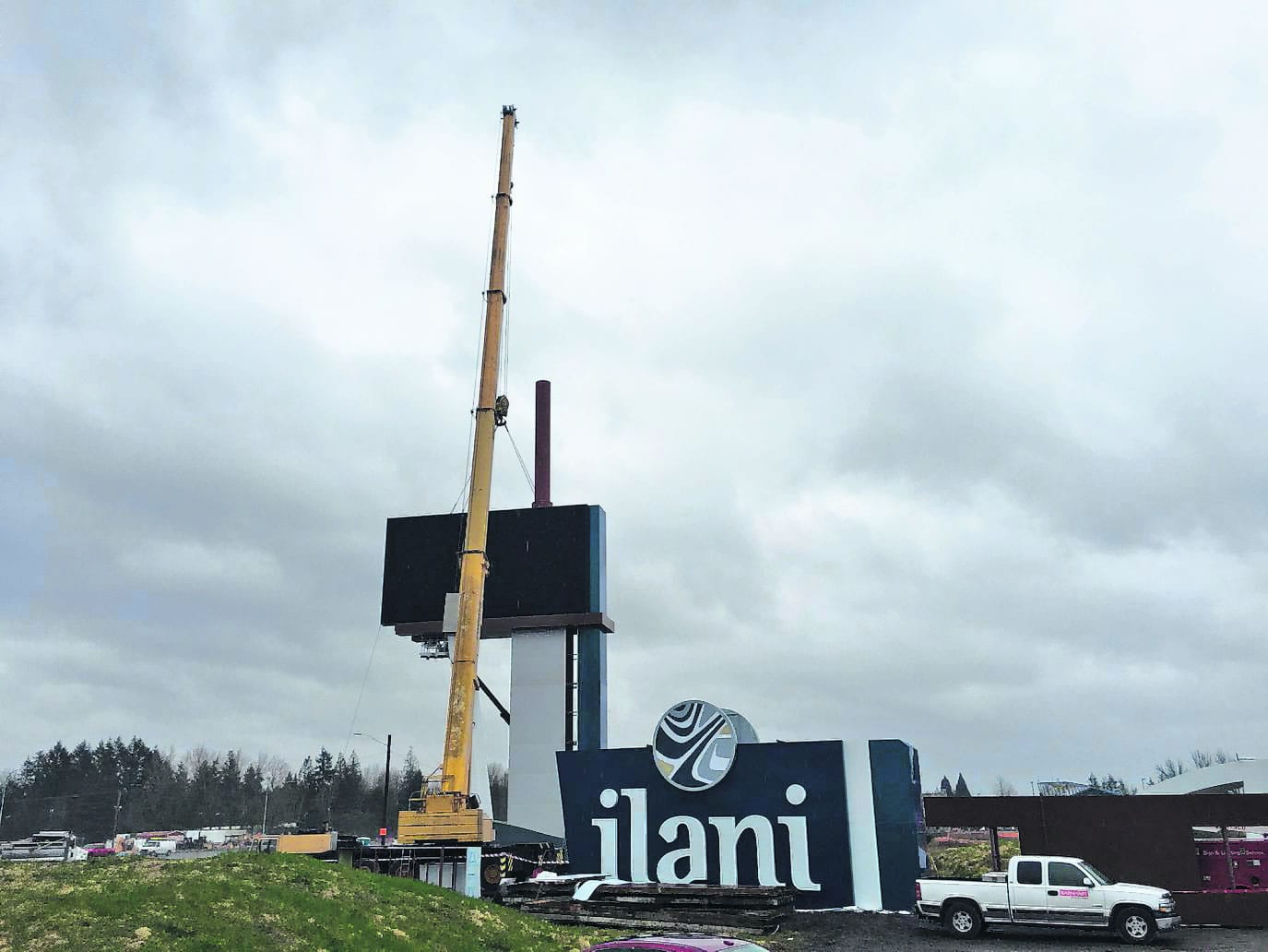 Ilani Casino Resort, along Interstate 5 west of La Center, began erecting its sign on Friday. A big economic splash is expected when it opens in mid-April with more than 1,000 employees and 15 as-yet-unrevealed restaurants, shops and bars. The casino, at 368,000 square feet, reportedly cost $510 million. It is jointly developed by the Cowlitz Tribe and Mohegan Tribe of Indians of Connecticut.