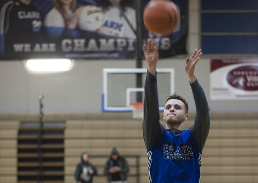 Ty Cleland, Clark College basketball player at a practice in the O&#039;Connell Sports Center Tuesday March 7, 2017. The Clark College men&#039;s basketball team that is going to the NWAC Tournament for the fourth consecutive year.