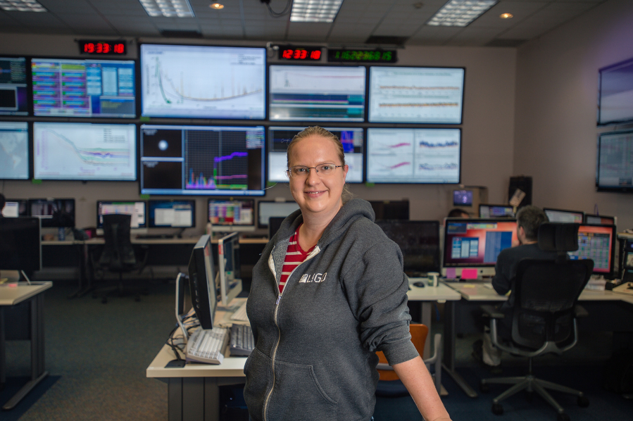 Jenne Driggers, former Evergreen High student, in the control room of the Hanford LIGO lab near the Tri-Cities.