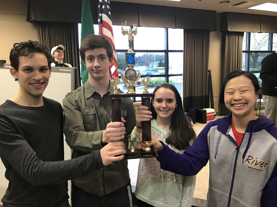 Lake Shore: Columbia River High School students Levi Condren, from left, Cameron McKedy, Aine Jordan and Abby Kinney teamed up to win the Junior Varsity Championship at the Washington State Knowledge Bowl Regional Finals.