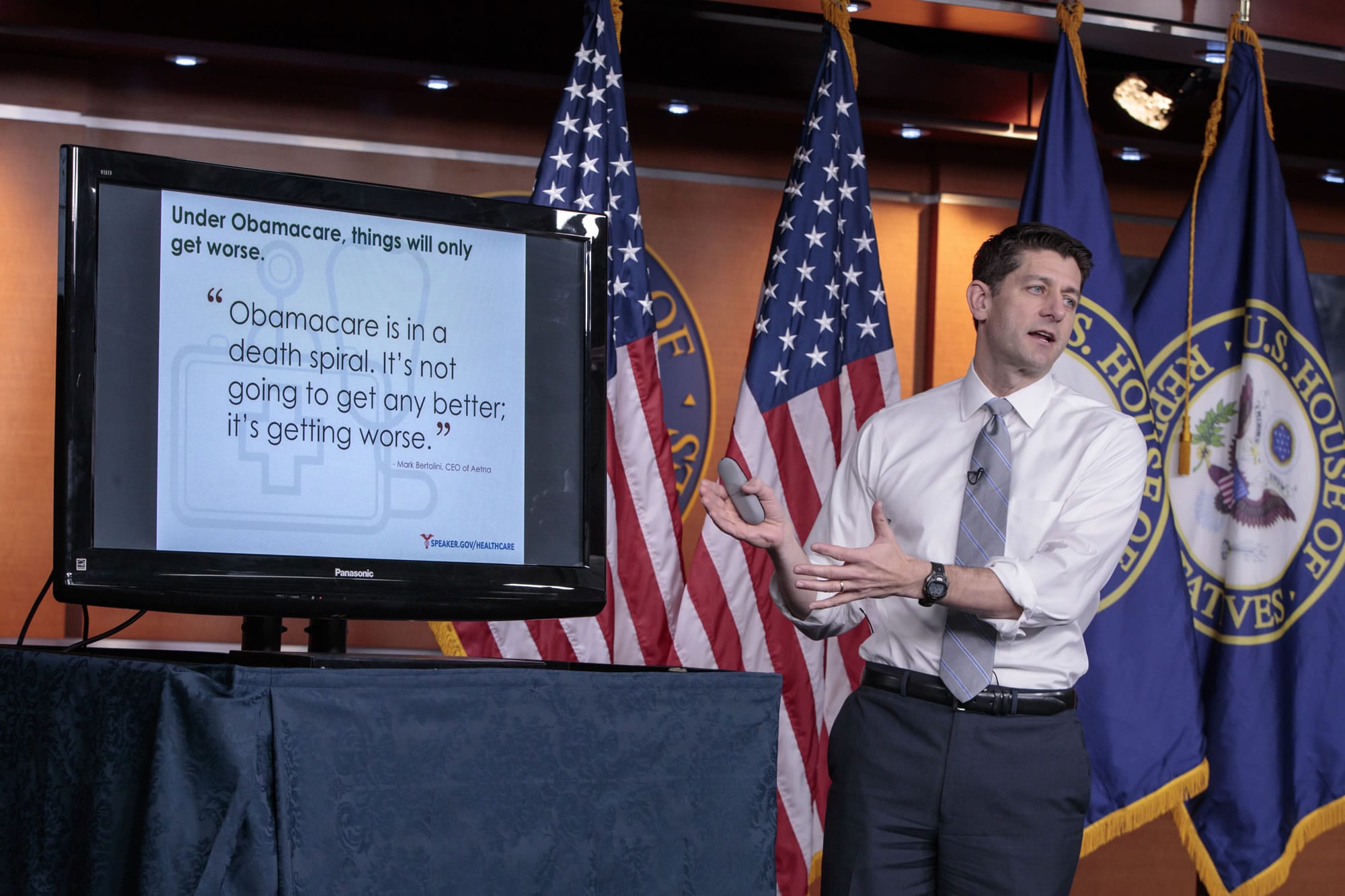 FILE - In this March 9, 2017 file photo, House Speaker Paul Ryan of Wis. uses charts and graphs to make his case for the GOP's long-awaited plan to repeal and replace the Affordable Care Act during a news conference on Capitol Hill in Washington. Republicans pushing a plan to dismantle Barack Obama's health care law are bracing for a Congressional Budget Office analysis widely expected to conclude that fewer Americans will have health coverage under the proposal, despite President Donald Trump's promise of "insurance for everybody." (AP Photo/J.