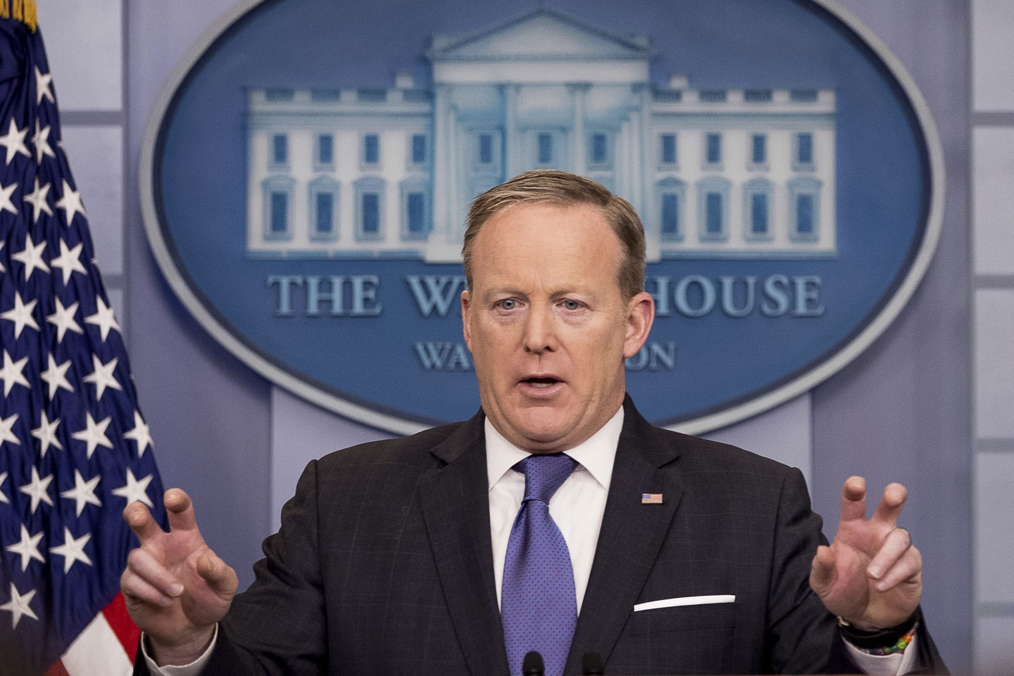 White House press secretary Sean Spicer speaks during the daily press briefing at the White House in Washington, Monday, March 13, 2017. Spicer discussed surveillance during the 2016 presidential campaign, North Korea, anti-Semitic attacks and other topics.