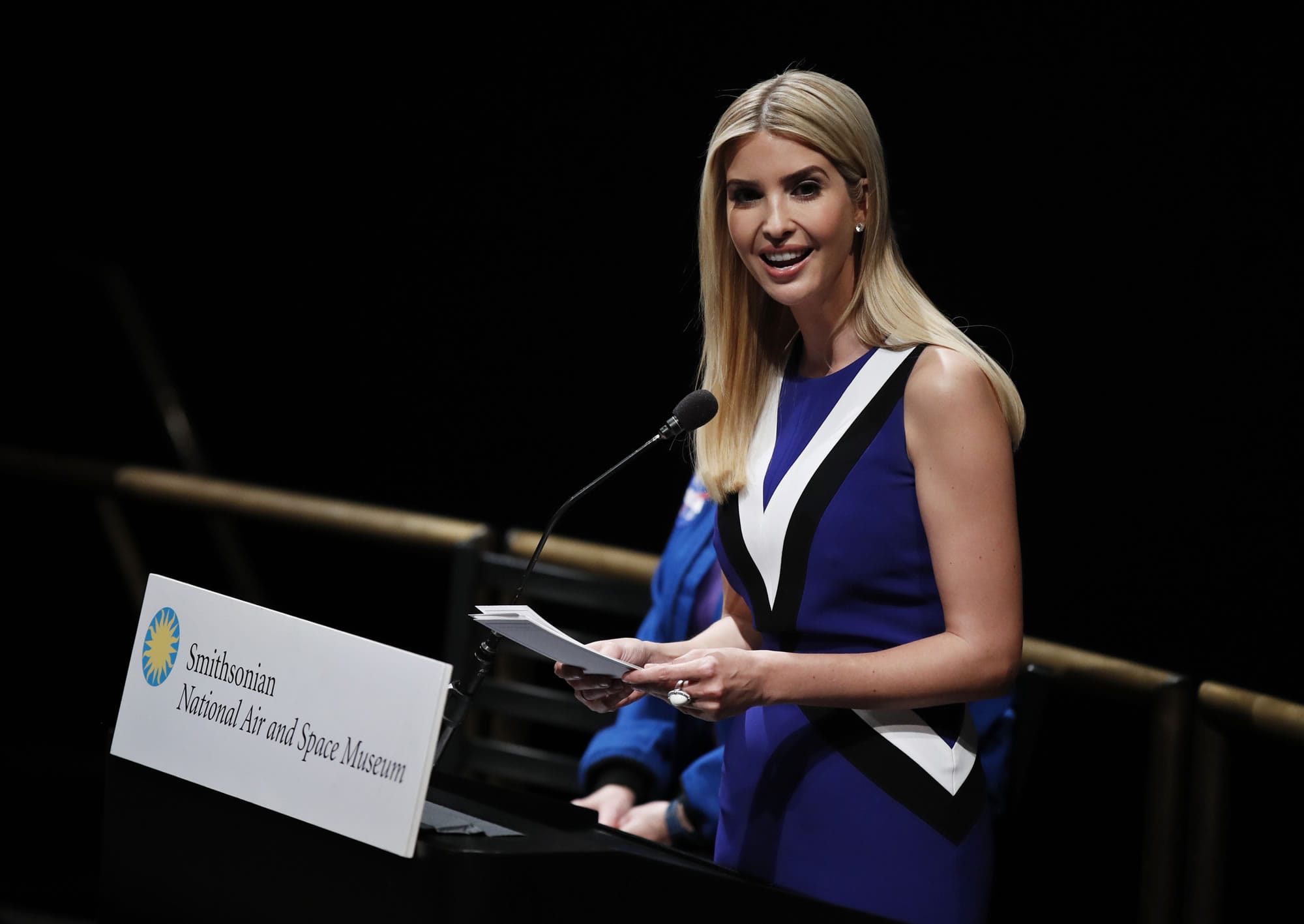 FILE - In this March 28, 2017 file photo, Ivanka Trump speaks at the Smithsonian's National Air and Space Museum in Washington. Ivanka Trump announced Wednesday, March 29, 2017, that she will serve as an unpaid employee in the White House.