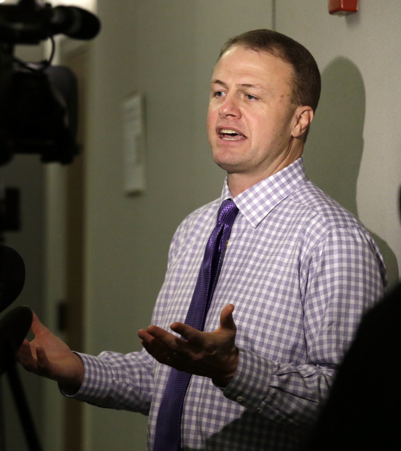 In this Jan. 21, 2016 file photo, Tim Eyman speaks with reporters after hearing that a judge struck down his latest tax-limiting measure in Olympia, Wash. On Friday, March 31, 2017, Washington state Attorney General Bob Ferguson filed a civil lawsuit against Eyman and his organizations over their campaign finance practices.