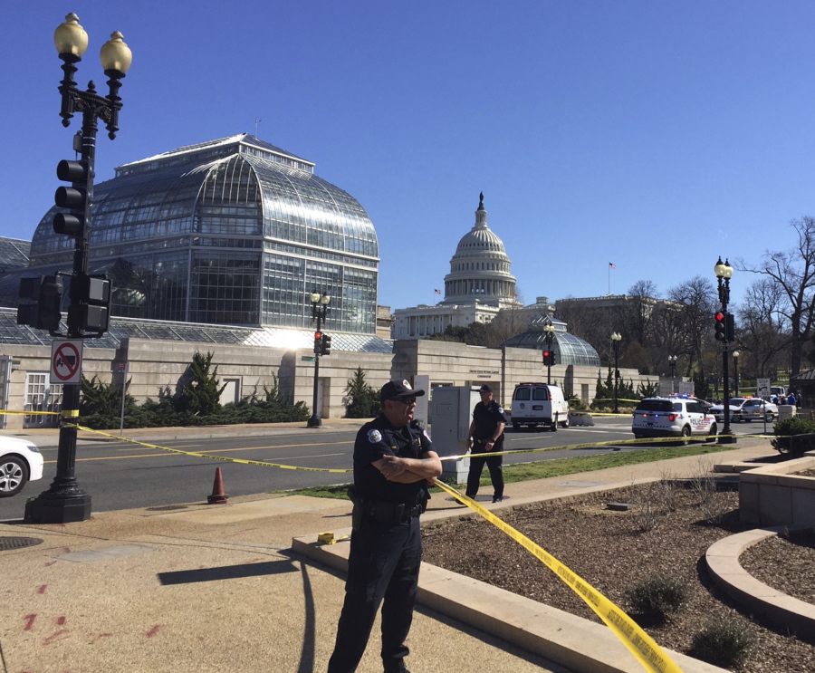Capitol Hill police stand guard at the Botanical Gardens on Capitol Hill on Washington on Wednesday after a woman struck a U.S. Capitol Police cruiser with a vehicle near the Capitol on Wednesday morning and was taken into custody, police said.
