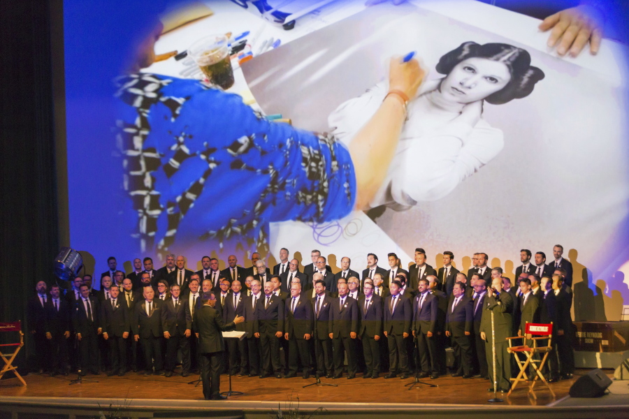 The Gay Men&#039;s Chorus of Los Angeles performs at the Carrie Fisher and Debbie Reynolds memorial Saturday at Forest Lawn&#039;s Hall of Liberty in Los Angeles.