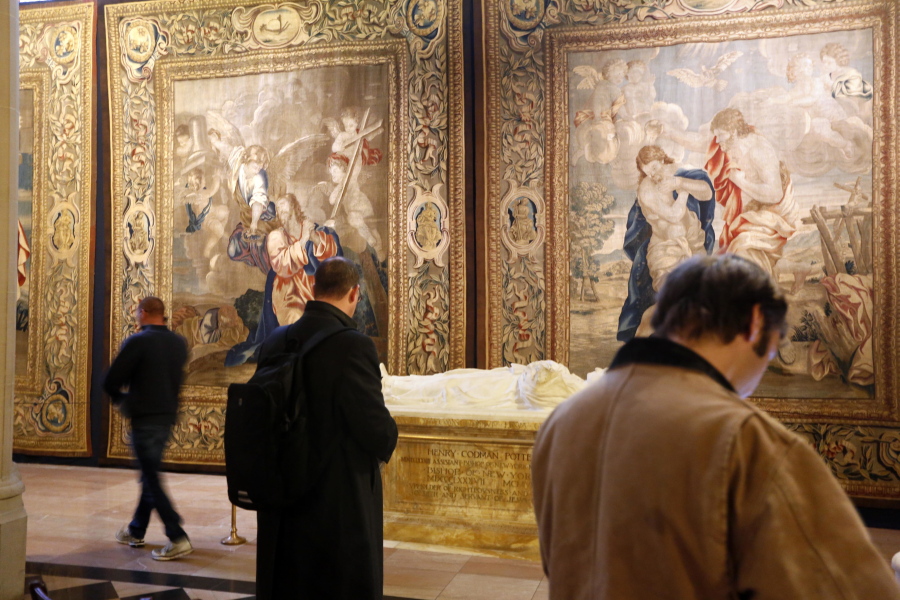 Recently preserved tapestries are displayed in an exhibit at the Cathedral of St. John the Divine in New York Wednesday.