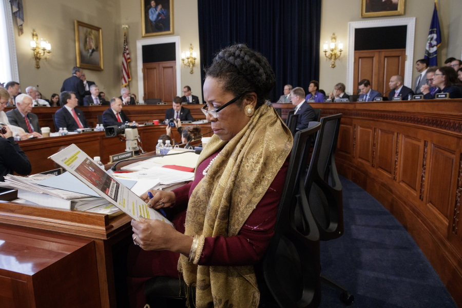 Rep. Sheila Jackson Lee, D-Texas, and the House Budget Committee works on the Republican health care bill, on Capitol Hill in Washington, Thursday, March, 16, 2017.  (AP Photo/J.