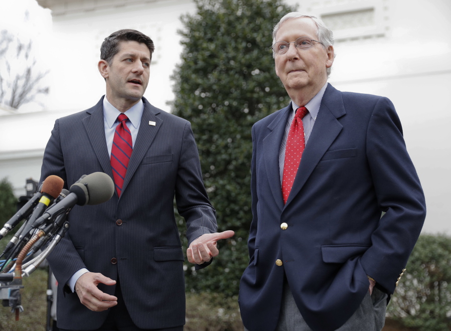 House Speaker Paul Ryan of Wis., and Senate Majority Leader Mitch McConnell of Ky. meet with reporters Feb. 27, 2017, outside the White House in Washington following their meeting with President Donald Trump inside. The Capitol is suddenly awash with trouble-makers and rebels, and that&#039;s just the Republicans. Whatever GOP unity was produced by Donald Trump&#039;s victory in November has all but disappeared, and Republican leaders are confronting open rebellion in their ranks as they try to finalize health care legislation.