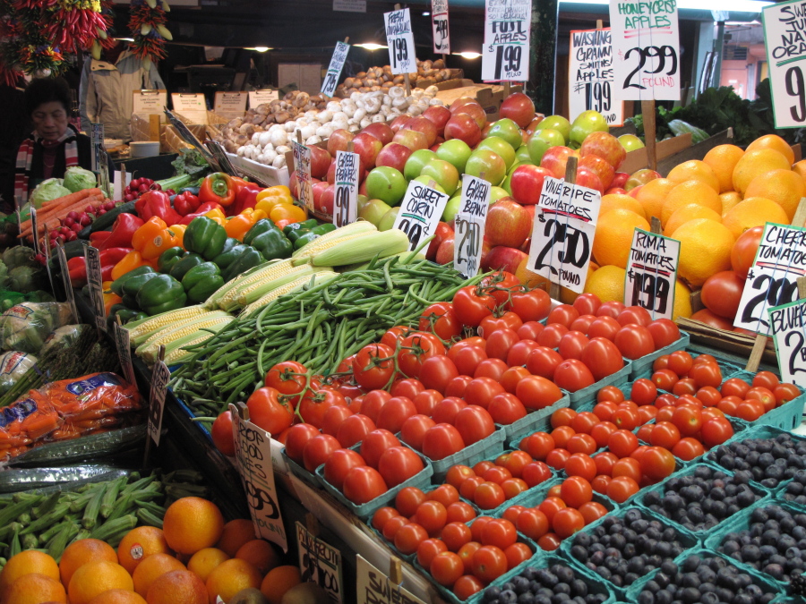 Produce is arranged at Pike Place Market in Seattle.