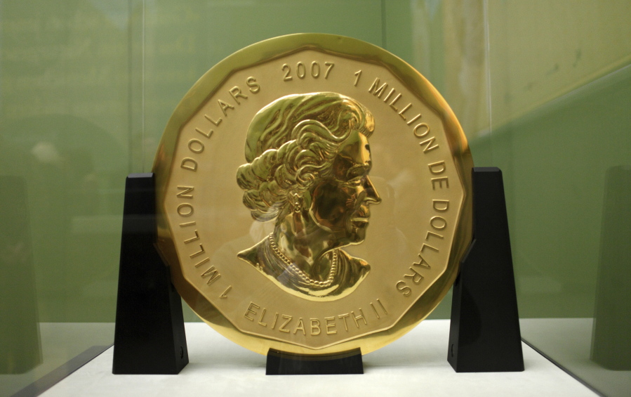 The gold coin &#039;Big Maple Leaf&#039; in the Bode Museum in Berlin. The 100-kilogram gold coin disappeared from the museum.