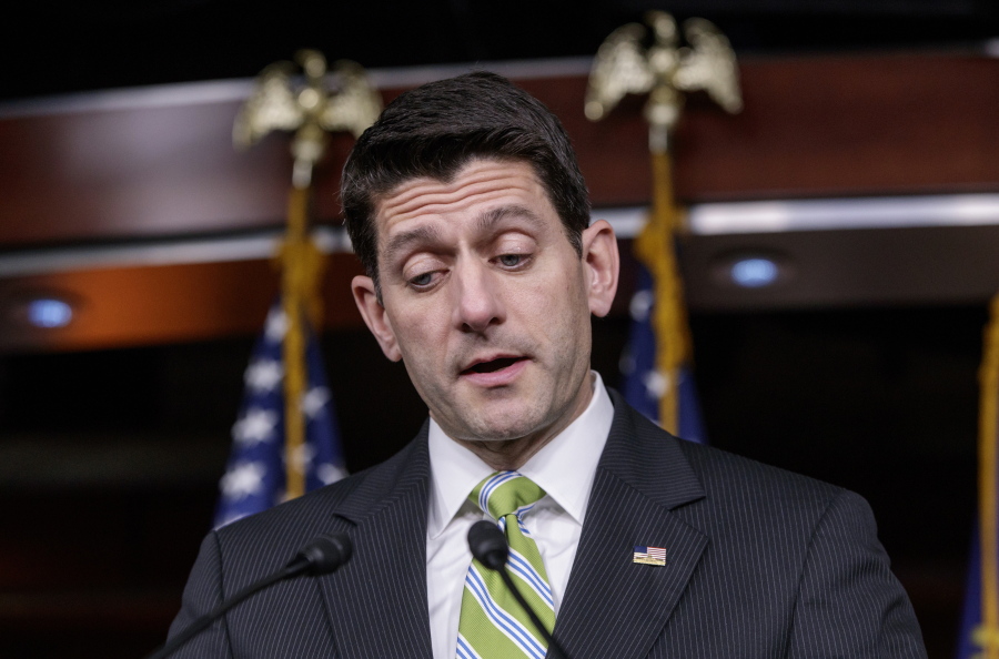 In this March 24, 2017, photo, House Speaker Paul Ryan, R-Wis., announces that he is abruptly pulling the troubled Republican health care overhaul bill off the House floor, short of votes and eager to avoid a humiliating defeat for President Donald Trump and GOP leaders, at the Capitol in Washington. Trump wants to tackle tax reform, but the loss on health care deals a blow to that effort. The loss on health care deprives Republicans of $1 trillion in tax cuts, and the GOP is just as divided on what steps to take. (AP Photo/J.