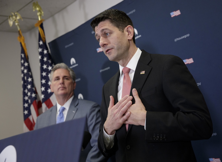 Speaker of the House Paul Ryan, R-Wis., joined by Majority Leader Kevin McCarthy of California, talks about getting past last week&#039;s failure to pass a health care overhaul bill and rebuilding unity in the Republican Conference on Tuesday on Capitol Hill in Washington. (AP Photo/J.