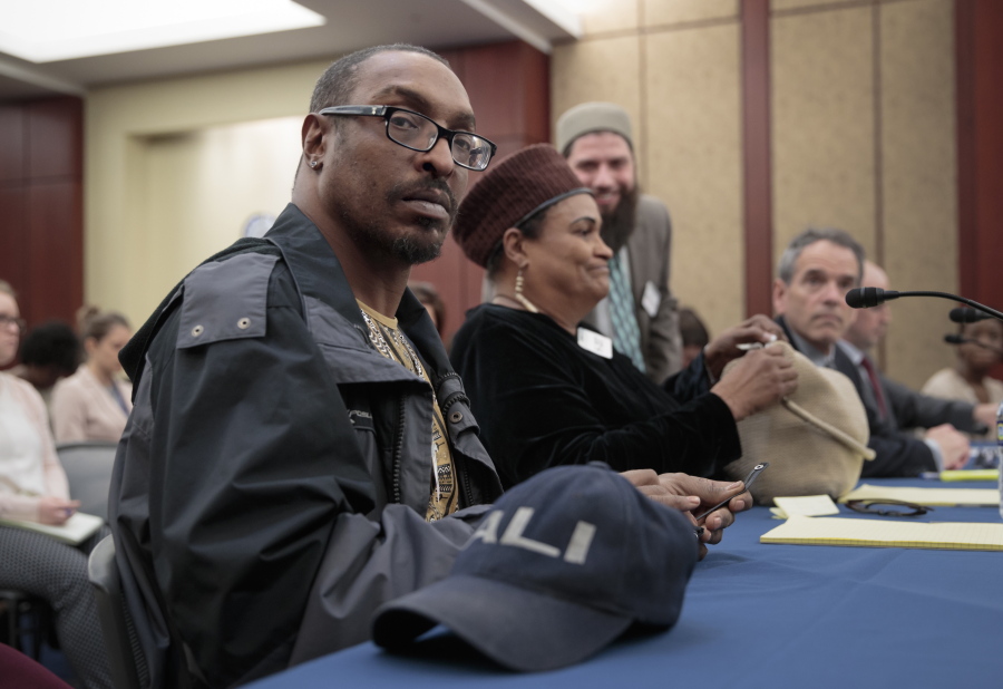 Muhammad Ali Jr., son of the late boxing legend Muhammad Ali, and his mother, Khalilah Camacho-Ali, who was Ali&#039;s second wife, attend a forum on immigration policies Thursday on Capitol Hill. Ali was recently detained at a Florida airport. (J.