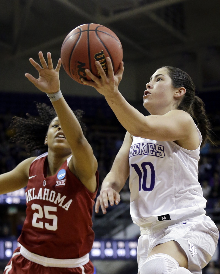 Washington&#039;s Kelsey Plum, right, drives past Oklahoma&#039;s Gioya Carter during the second half of Monday&#039;s NCAA second-round tournament game at Seattle. Plum led all scorers with 38 points as Washington won 108-82.