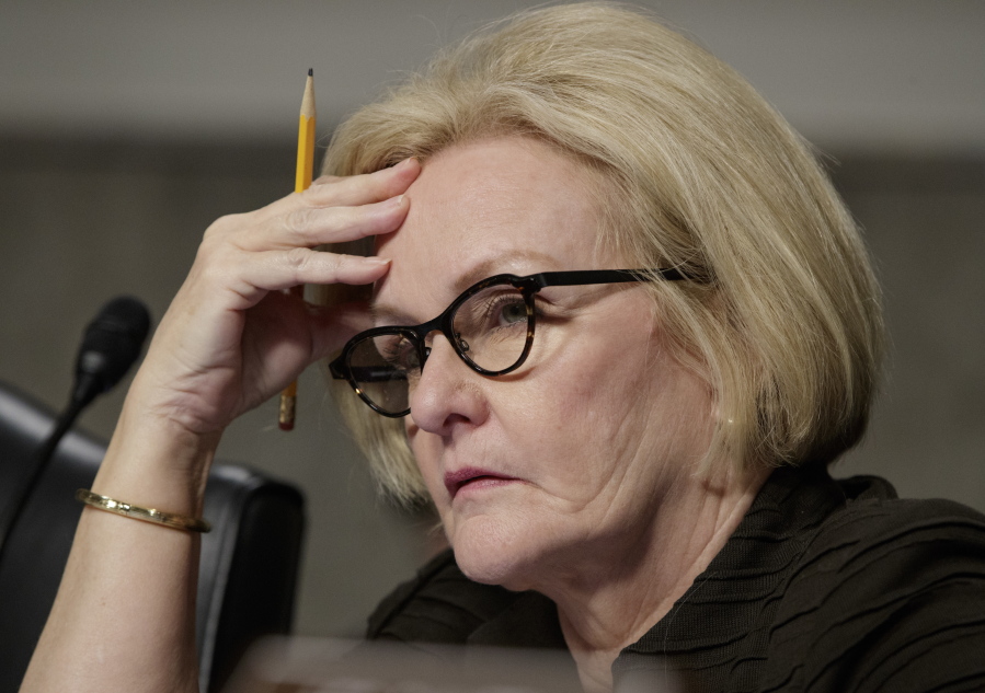Sen. Claire McCaskill, D-Mo., listens on Capitol Hill in Washington. McCaskill is seeking marketing information, sales records and studies from manufacturers of the top-selling opioid products in the United States to determine whether drugmakers have contributed to an overuse of the pain killers. (AP Photo/J.