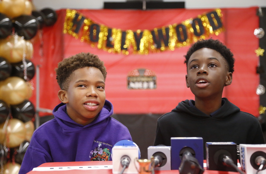 Jaden Piner, left, 13, and Alex Hibbert, 12, speak about what it was like to be at the Academy Awards for their part in the film &quot;Moonlight,&quot; during a news conference Wednesday at Norland Middle School in Miami Gardens, Fla. The film garnered three Oscars Feb. 26, including the award for best picture.
