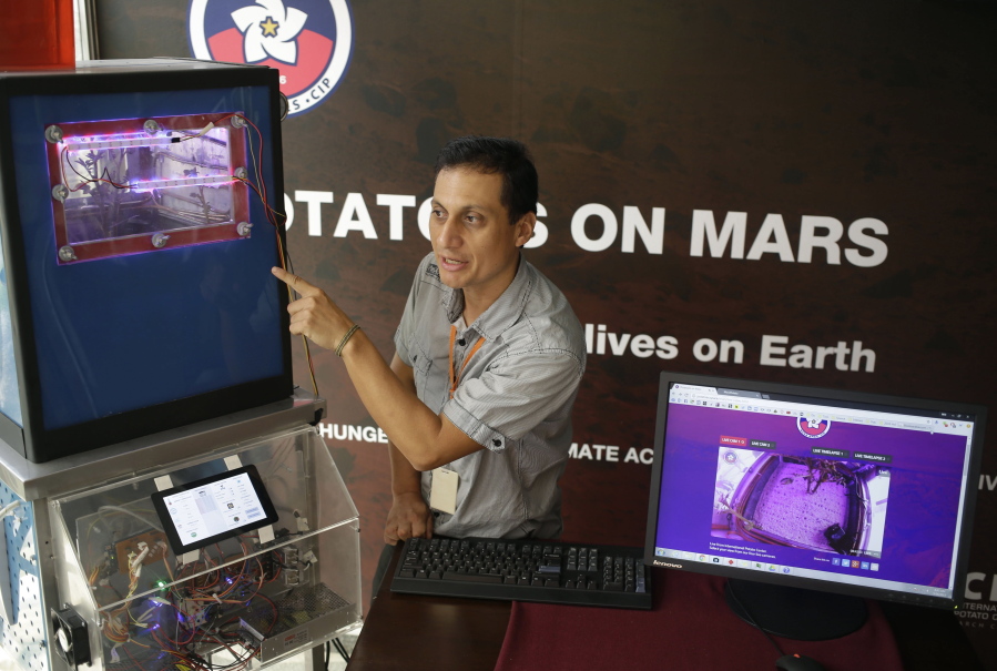 Peruvian scientist David Ramirez points to a potato plant in a simulator akin to a Mars&#039; conditions, in Lima Peru. Sprouting from dry Peruvian desert soil, hope for one day growing food on Mars is emerging in the form of a potato plant.