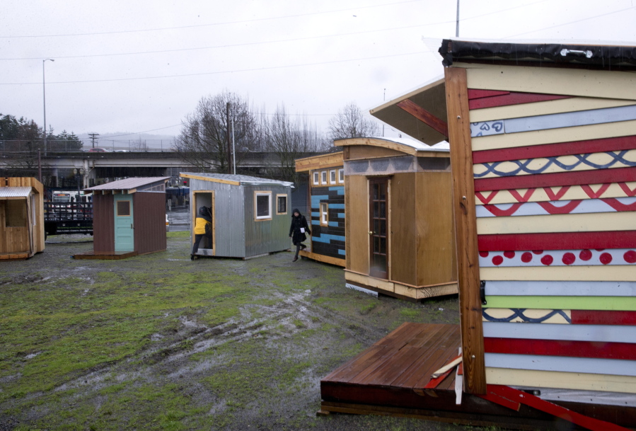 Tiny living pods for the Kenton Neighborhood Tiny Home Pilot houses are viewed in Portland March 7. The affordable housing crisis in Portland and the accompanying homeless problem has gotten so bad that local officials are thinking outside the box.