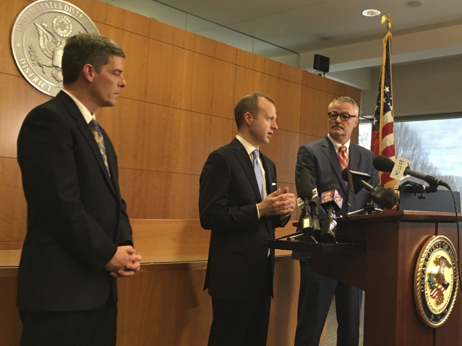 From left to right, Federal prosecutors Geoffrey Barrow, Ethan Knight, and U.S. Attorney for Oregon Billy Williams speak at a news conference in Portland, Ore., on Friday, March 10, 2017, following the conviction of two men of conspiracy to impede federal officers during last year&#039;s high-profile armed occupation of an Oregon wildlife refuge. Two other defendants were acquitted of the conspiracy charge but found guilty of deprivation of government property at Malheur National Wildlife Refuge.